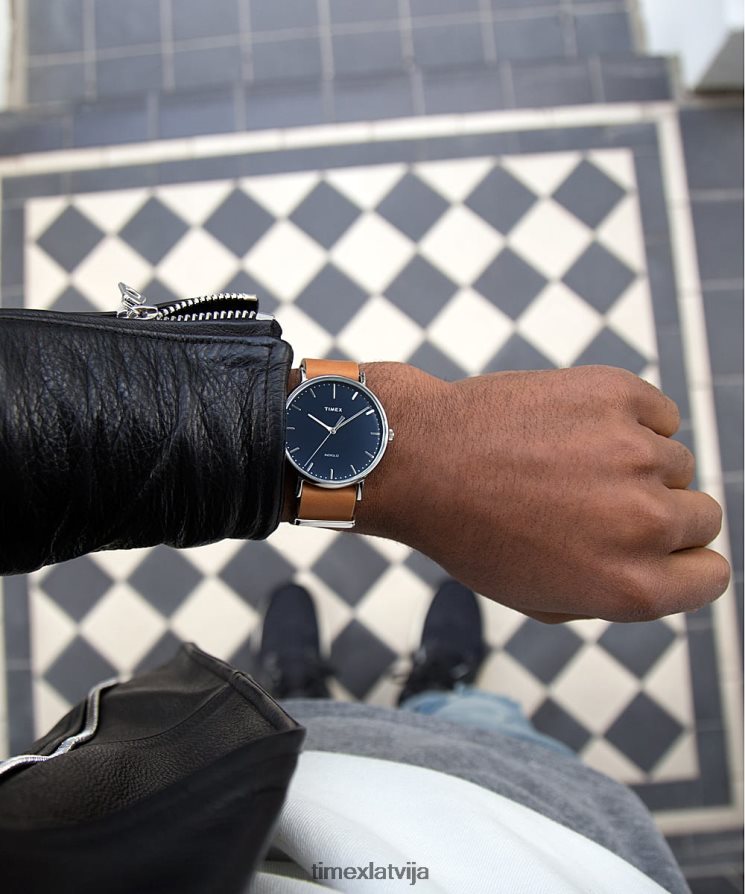 pulksteņi | Timex vīriešiem Fairfield slip-thru 41mm ādas siksniņas pulkstenis hroms/iedegums/zils 402PZN198